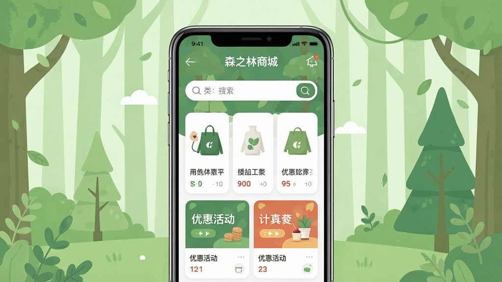 一张高清产品展示图,主体是“森之林商城”手机APP界面,背景为浅绿色森林系风格,界面简洁现代,布局清晰,展示商品分类、搜索栏、优惠活动横幅,风格扁平化,细节圆润,画质干净无多余元素