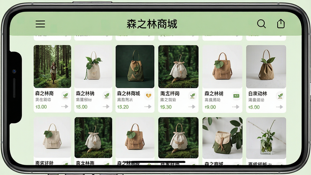 一张手机截图,主体是“森之林商城”首页,采用浅绿色背景,界面布局简洁,没有广告弹窗,展示商品瀑布流,排版整齐,风格清新自然,细节精致,画质干净