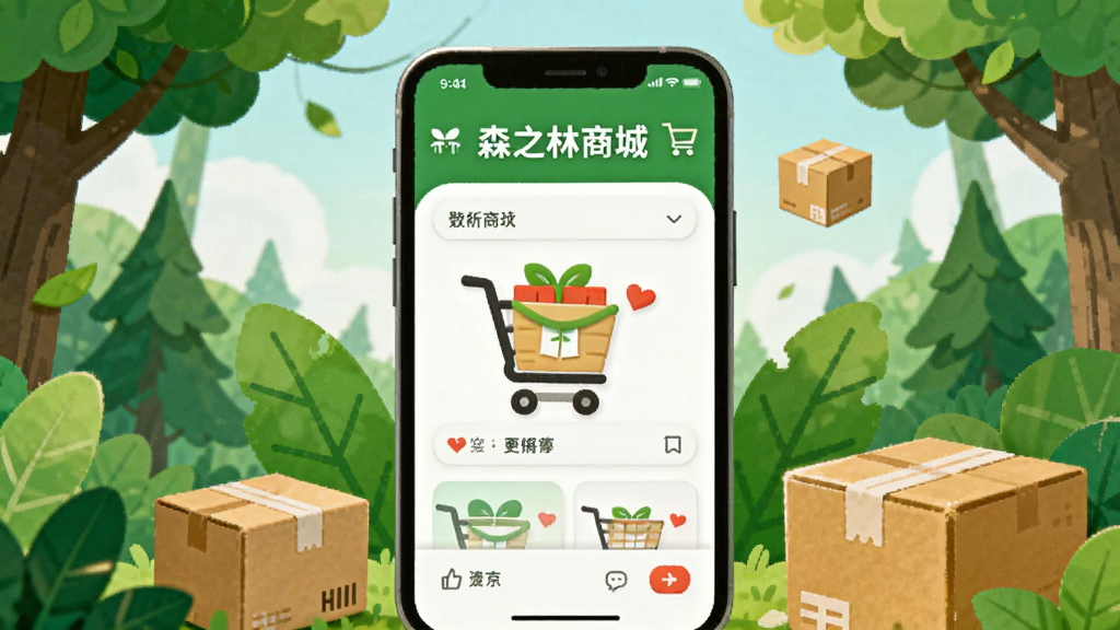 一张插图,主体是一个手机购物场景,手机屏幕显示“森之林商城”购物车页面,周围有绿色森林元素和快递包裹,画风清新,构图生动,色彩明亮,细节丰富,画质干净