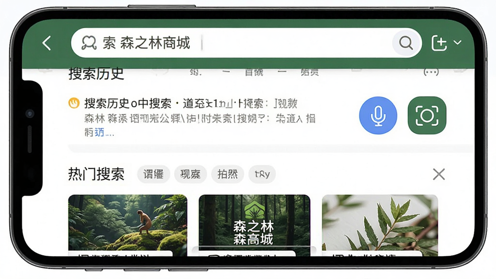 一张手机截图,主体是“森之林商城”搜索页面,搜索框位于顶部,下方展示搜索历史和热门搜索词,旁边有语音搜索和拍照搜索图标,布局清晰,风格现代,细节丰富,画质干净