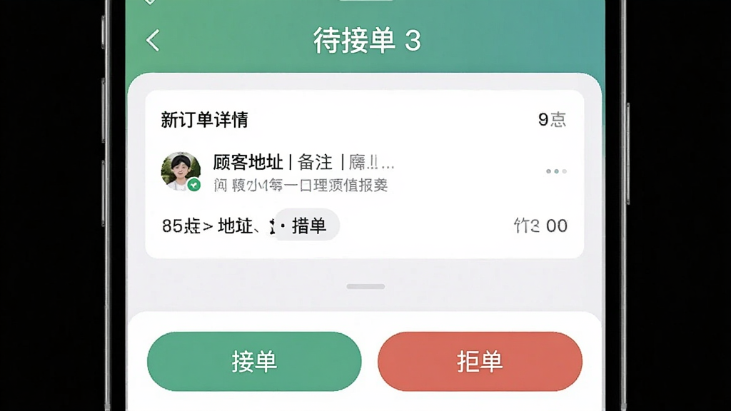 生成一张「小镇外卖商家端」订单工作台的截图风格图片,主体是手机竖屏界面,上方显示“待接单 3”,中间是新订单详情卡片,包含顾客地址和备注,底部有“接单”和“拒单”两个大按钮,整体配色清爽,界面简洁,画质细腻