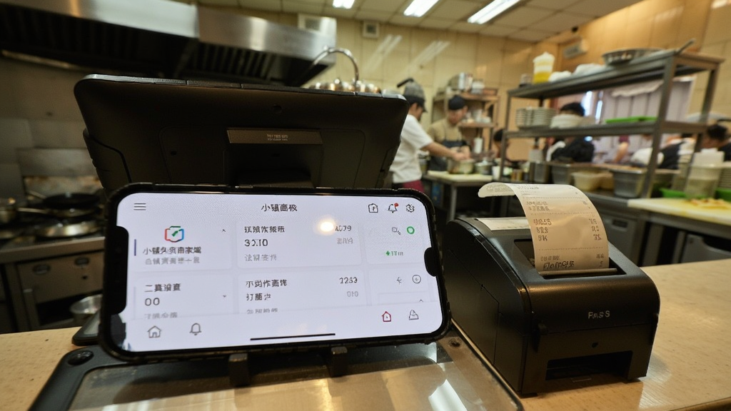 一张「小镇外卖商家端」在手机上使用的实拍图,手机横屏放在餐厅收银台上,屏幕显示订单列表,旁边有一台小票打印机,背景是忙碌的餐馆后厨,画面写实,光线明亮,画质清晰