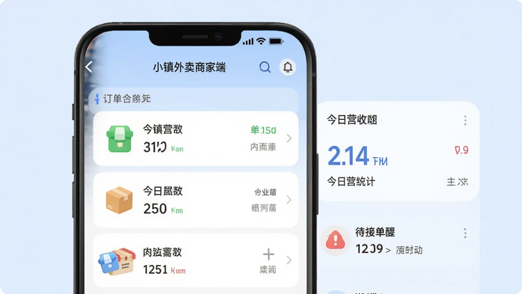 图片展示「小镇外卖商家端」的完整主界面,手机屏幕内显示订单列表、今日营收统计、待接单提醒,背景是简约的浅蓝色调,界面风格现代扁平,图标圆润清晰,整体画质干净无多余元素