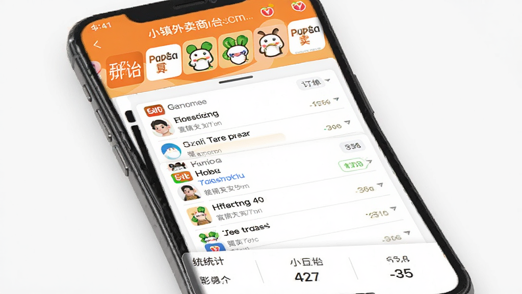 一张「小镇外卖商家端」多平台聚合功能的界面图,手机屏幕显示多个外卖平台logo排列在顶部,中间的订单列表混排显示不同平台的订单,每个订单前有小平台标识,底部是统计栏,界面设计整齐,色彩鲜明,画质干净