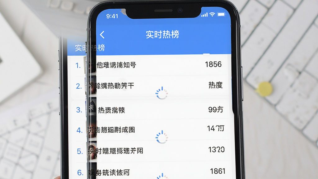 一张展示娱圈热榜功能的手机截图,主体是屏幕,屏幕内是娱圈App的热榜页面,标题为“实时热榜”,下方是长长的列表,每行都有排名数字、话题关键词和热度值,设计风格简洁商务,蓝白配色,排版清晰,带有加载动画效果,画质干净无多余元素