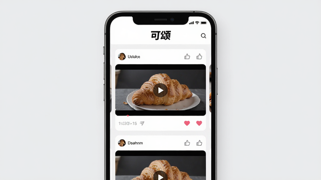 可颂的完整界面展示,主体是手机屏幕上的可颂APP主页面,布局以信息流卡片式排列,顶部有“可颂”字样logo,整体风格现代简约,背景为浅灰色,细节包括视频缩略图和点赞图标,画质干净无多余元素