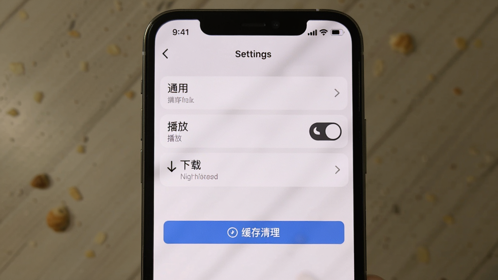 可颂的设置页面,主体是手机屏幕上的可颂APP设置界面,布局为列表形式,包括通用、播放、下载等选项,风格清爽,细节显示夜间模式开关和缓存清理按钮,画质干净无多余元素