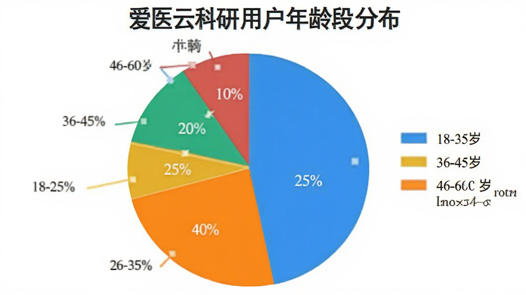 饼状图展示爱医云科研用户年龄段分布,18-25岁占25%,26-35岁占40%,36-45岁占25%,46-60岁占10%,图例颜色鲜艳,背景白色,风格简洁清晰,画质干净无多余元素