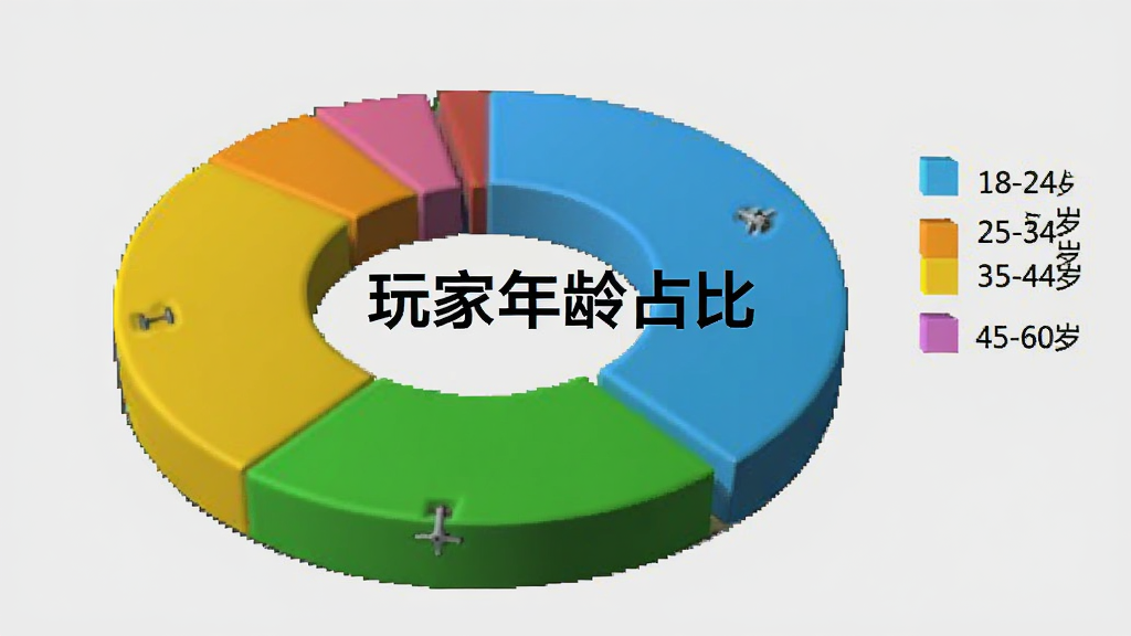展示“荒野迷城”玩家年龄分布饼状图,图表中央有“玩家年龄占比”标题,图例包括18-24岁、25-34岁、35-44岁、45-60岁,颜色鲜艳,3D效果,背景为淡灰色,图表信息清晰,画质干净无多余元素。