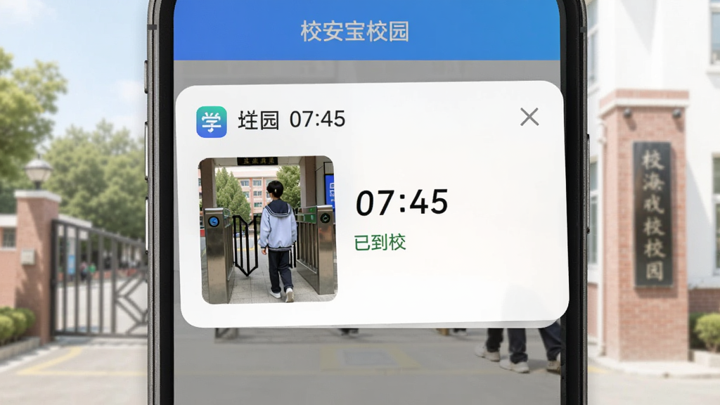 չʾ��У����У԰��APP�Ŀ���֪ͨ���棬�ֻ���Ļ����ʾһ��֪ͨ��Ƭ��������ѧ���������༶��ʱ�䡰07:45���͡��ѵ�У��״̬������һ��ѧ����У�ŵ���ʵץ��Сͼ��������У�ſڣ�֪ͨ����Ƽ�࣬��Ϣ�����׶��������������ɾ���ͻ��ʵʱ�Ժ�׼ȷ�ԡ�