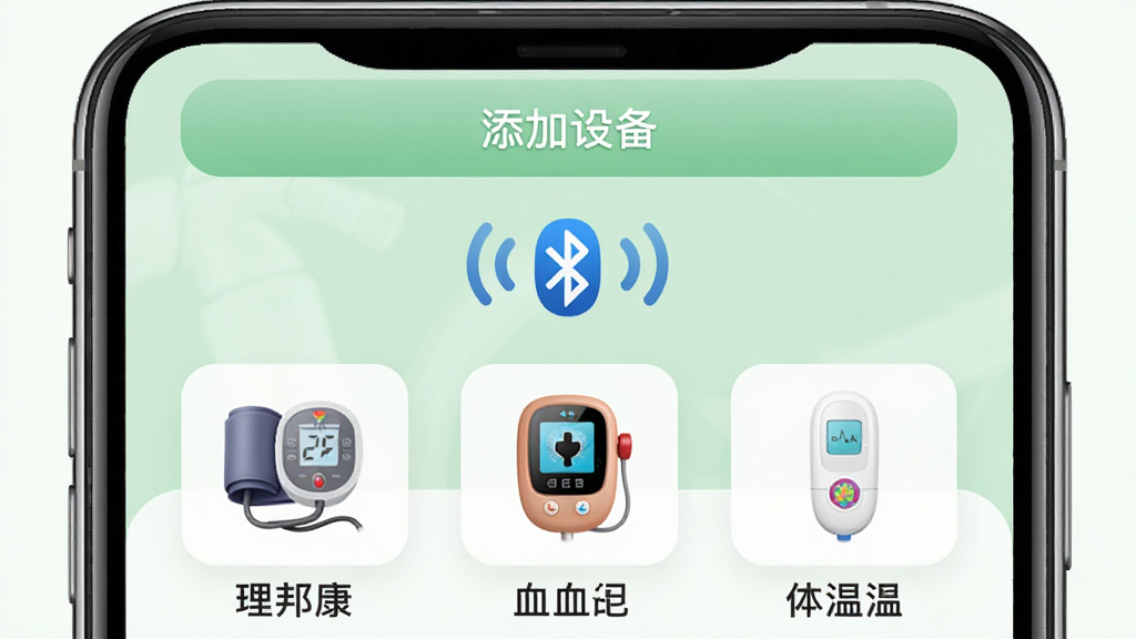 ͼʾ������e������App���豸���ӽ��棬�ֻ���Ļ�Ϸ���ʾ�������豸����ť���·�������Ѫѹ�ơ�Ѫ���ǡ����¼������豸ͼ�꣬ÿ��ͼ�����ж�Ӧ���ƣ���Ļ�м��������źŲ�������������Ϊǳ��ɫ�������������죬ϸ�ھ��£����ʸɾ����޶���Ԫ�ء�
