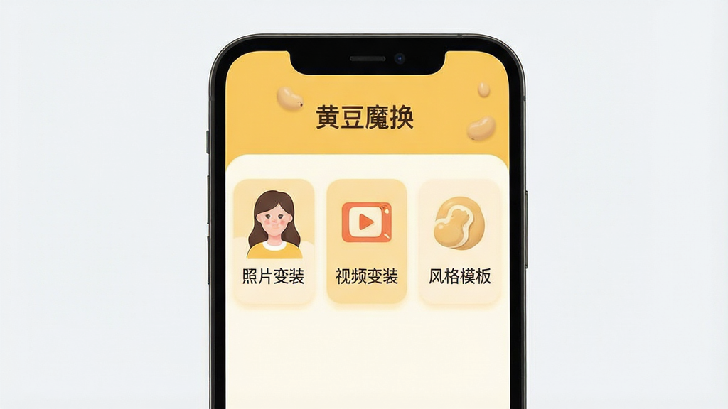 一张展示手机屏幕的图片,屏幕中显示黄豆魔换软件的主界面,界面设计简洁现代,以暖黄色为主色调,主界面有“照片变装”、“视频变装”、“风格模板”三个主要功能入口,顶部有“黄豆魔换”字样,整体风格清新,画质干净,无多余元素,采用扁平化设计风格,主体突出,布局清晰,排版整齐,细节圆润,高分辨率。
