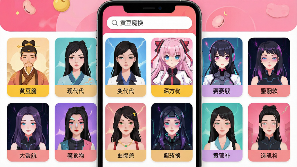 一张展示黄豆魔换软件模板库的界面截图,手机屏幕上排列着各种风格的变装模板缩略图,有古风、现代、动漫、赛博朋克等多种风格,界面采用网格布局,每个模板下方有名称标签,顶部搜索栏写着“黄豆魔换”,整体风格活泼,色彩丰富,排版整齐,画质干净,无多余元素,扁平化设计,主体突出,细节圆润。