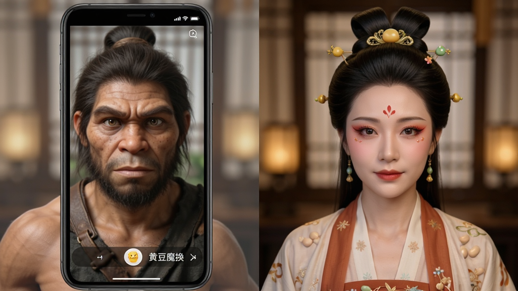 一张手机屏幕对比图,左侧是原始人像照片,右侧是使用黄豆魔换软件一键变装后的效果,变装后的照片中人物穿着古装,发型和妆容也变成古风风格,脸部融合自然,光影一致,背景虚化,图片展示在手机上,手机旁边有“黄豆魔换”字样,风格写实,画质高清,布局左右对称,细节丰富,无多余元素。
