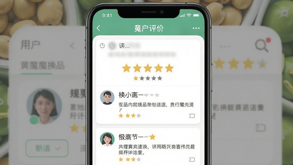 一张手机屏幕截图,展示黄豆魔换软件的用户评价页面,界面显示五星好评,有用户头像和评论文字,背景是软件界面的模糊效果,整体风格清新,布局居中,画质干净,无多余元素,扁平化设计,主体突出,细节丰富。
