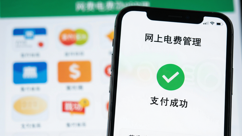 手机特写画面,屏幕上是“网上电费管理”的缴费成功界面,绿色对勾图标和“支付成功”字样,背景虚化,支付方式图标排列整齐,风格简洁明快,画质高清。