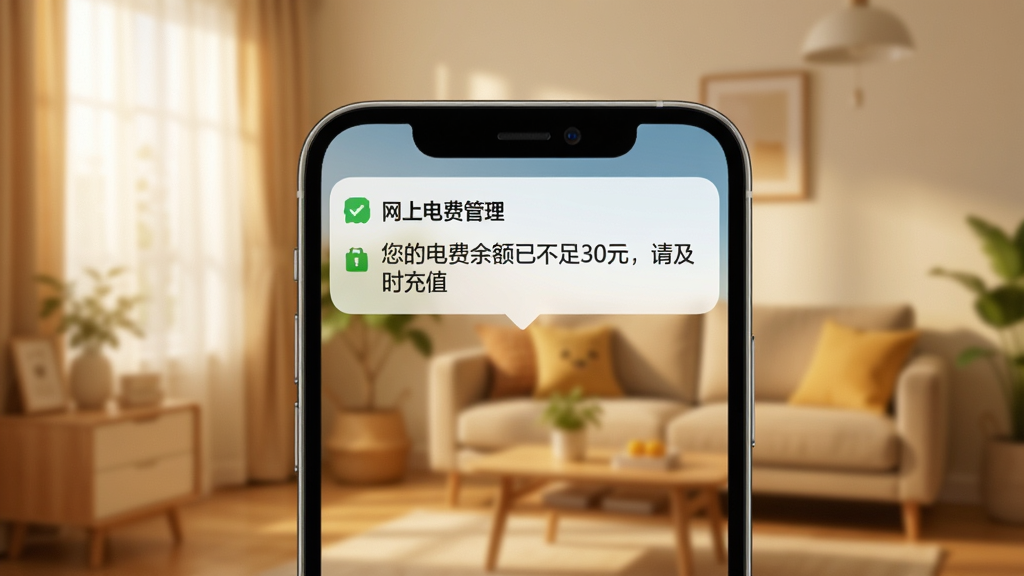 手机顶部弹出“网上电费管理”的提醒通知,通知栏显示“您的电费余额已不足30元,请及时充值”,背景为模糊的居家环境,整体色调温暖,画面干净。