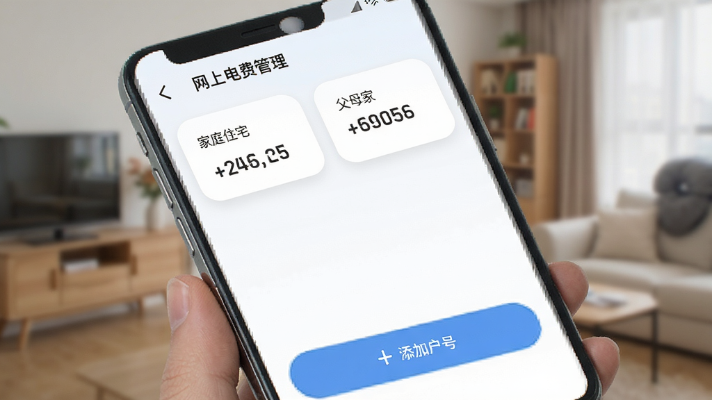 手机屏幕展示“网上电费管理”的户号列表页,上方显示两个电表户号卡片,分别标注“家庭住宅”和“父母家”,底部有“添加户号”按钮,界面清爽,卡片圆润,画质清晰。