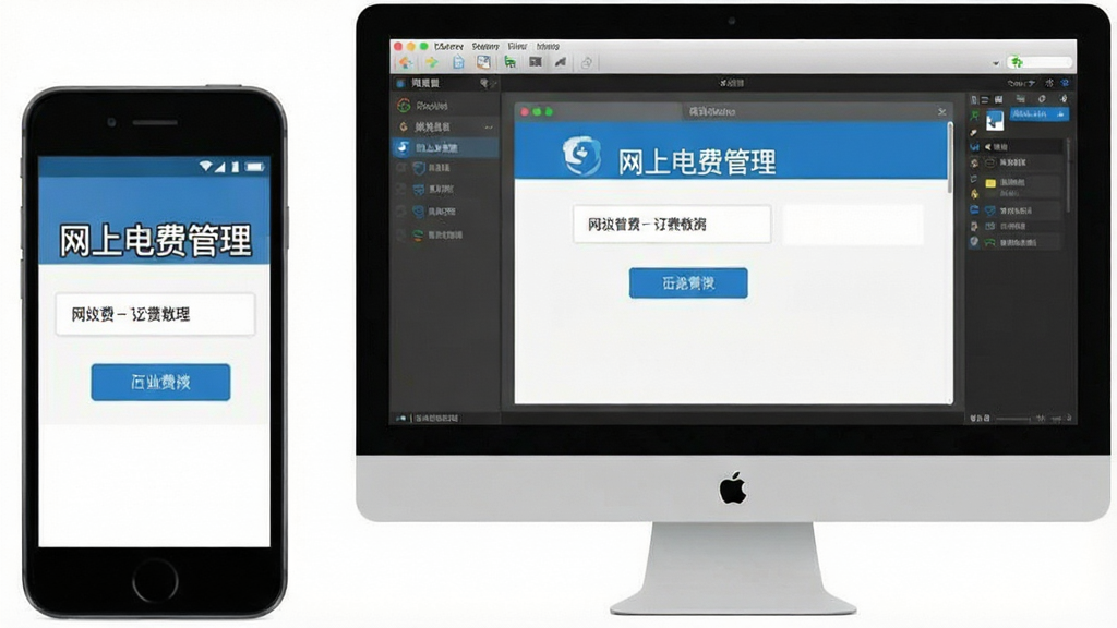 一张示意图,展示手机和电脑并排放置,手机屏幕显示“网上电费管理”的缴费页面,电脑屏幕显示模拟器中的同款界面,风格简洁,无多余元素。