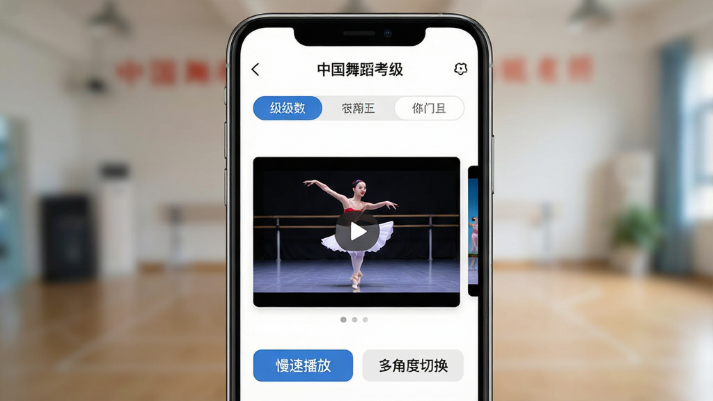 һ��չʾ�ֻ���Ļ��ͼƬ����Ļ����ʾ���й��赸������App�Ľ̲��б�ҳ���Ϸ��м���ѡ����м����赸��Ƶ���棬�·��С����ٲ��š��͡���Ƕ��л�����ť�������黯���������࣬���ʸɾ����޶���Ԫ�ء�