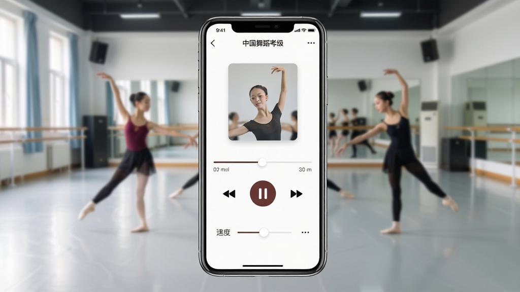 һ��չʾ�ֻ���Ļ��ͼƬ����Ļ����ʾ���й��赸������App�����ֲ��Ž��棬�н�����������/��ͣ��ť���ٶȵ���ѡ��������赸���������������࣬���ʸɾ����޶���Ԫ�ء�