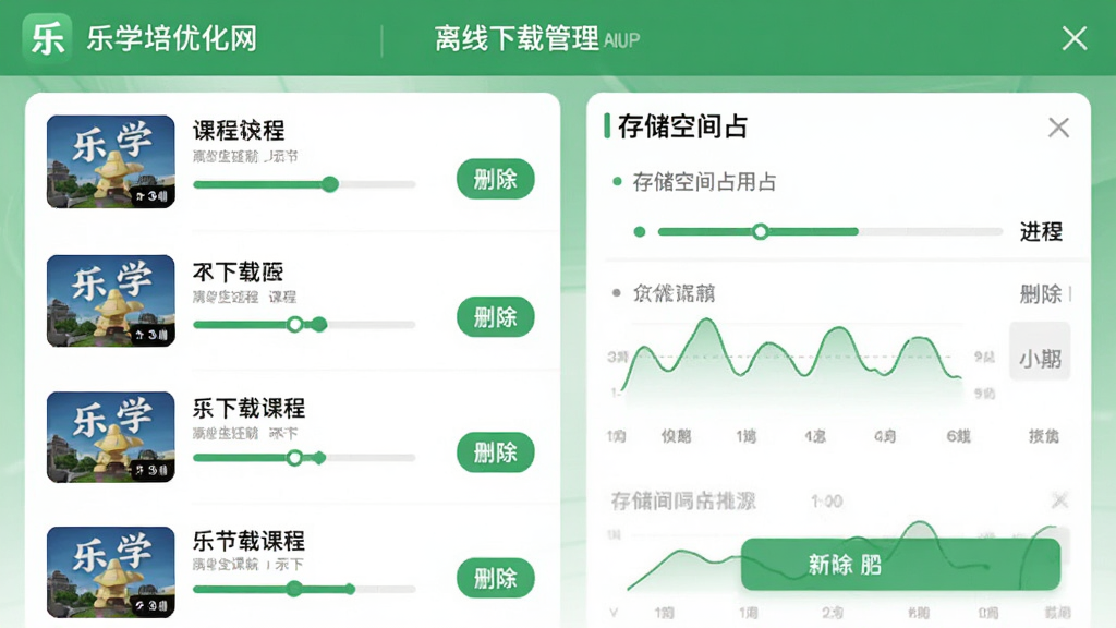 ��ѧ������App�������ع������棬��ʾ�����ؿγ��б��ʹ洢�ռ�ռ�������ÿ���γ��н�������ɾ����ť����������ɫΪ��ɫ���������ˬ�����ֺ��������ʸɾ����޶���Ԫ�ء�