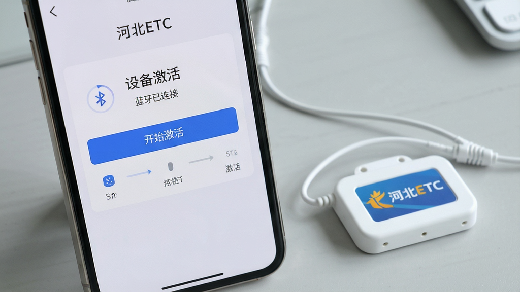 ���壺һ�������ֻ���Ļ��д����ʾ���ӱ�ETC��App�ġ��豸���ҳ�棬�ֻ��·�����һ����ɫ��ETC���ص��ӱ�ǩ�豸�����֣��ֻ������ڻ�����࣬ETC�豸λ���Ҳ࣬����Ϊǳ��ɫ���档�Ű棺Appҳ���������ġ���ʼ�����ť�Ͳ���ָʾ������񣺱�ƽ�����ʵ�ģ�������͡�ϸ�ڣ��ֻ���Ļ����ʾ�����������ӡ�״̬��ETC�豸���С��ӱ�ETC����ʶ�����ʣ����壬�ɾ��޶���Ԫ�ء�