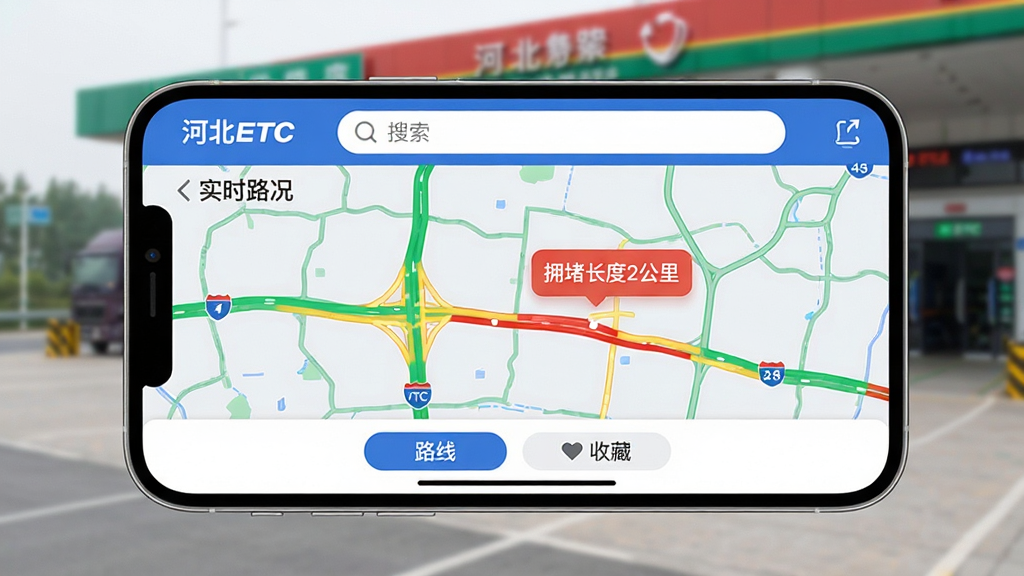 ���壺һ���ֻ�������ʾ���ӱ�ETC��App�ġ�ʵʱ·������ͼ���棬��ͼ�ϱ����ɫ����ɫ����ɫ·�Ρ����֣��ֻ�λ�ڻ������룬����Ϊģ���ĸ��ٹ�·�������������Ű棺App���涥���������򣬵ײ��С�·�ߡ��͡��ղء���ť������ִ���࣬��ͼ��Ϣ������ϸ�ڣ���ͼ����һ����ɫӵ��·�α�ʶ���Աߵ���������ʾ��ӵ�³���2��������ʣ����壬�ɾ��޶���Ԫ�ء�
