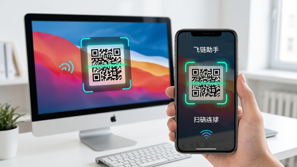 飞链助手扫码连接界面,手机屏幕显示扫描框对准电脑屏幕上的二维码,背景为办公桌面,界面明亮简洁,突出快速连接主题,画质干净无多余元素