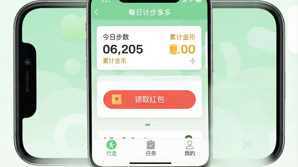一张手机截屏风格的图片,主体是“每日计步多多”App的主界面,布局上方显示今日步数和累计金币,中间是红色“领取红包”按钮,底部有“行走”“任务”“我的”三个标签页,排版简洁清晰,风格清新扁平化,细节处有淡淡的绿色背景和白色卡片,画质干净无多余元素