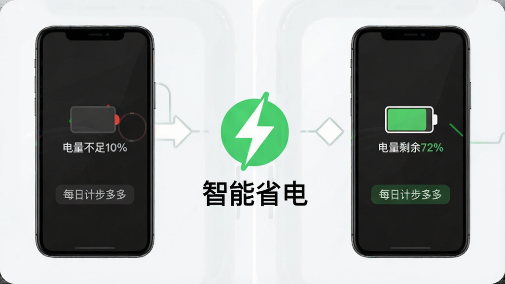 一幅对比图表风格的插图,主体是两部手机并排,左边手机显示电量耗尽“电量不足10%”,右边手机显示“电量剩余72%”,中间有绿色闪电图标和文字“智能省电”,布局左右对称,排版清晰,风格现代简洁,细节突出“每日计步多多”字样,画质干净无多余元素