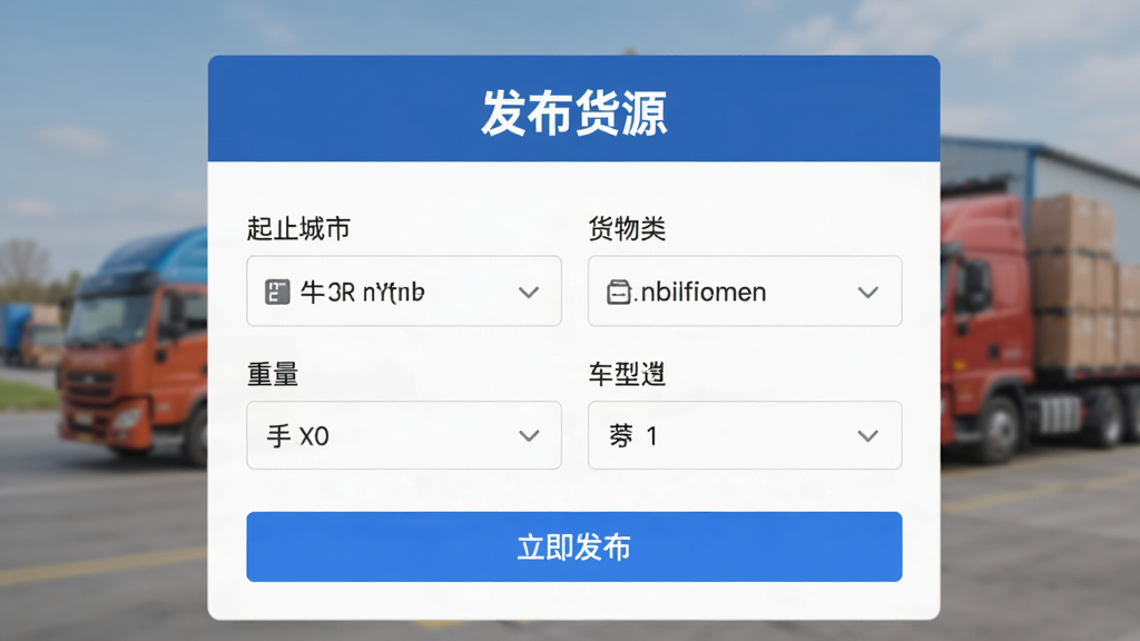 展示“牛卡福货主”的货源发布界面,页面顶部有“发布货源”标题,下方为起止城市、货物类型、重量、车型选择框,底部有蓝色“立即发布”按钮,界面布局清晰,风格现代,背景虚化处理突出前景操作面板,画质干净