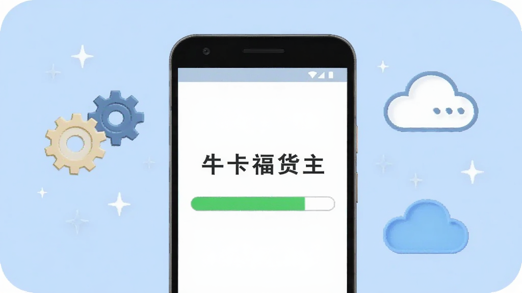 显示“牛卡福货主”在安卓手机上的安装过程示意图,手机屏幕显示安装进度条,周围有齿轮和云朵图标,背景为浅蓝色,风格简洁,画质干净