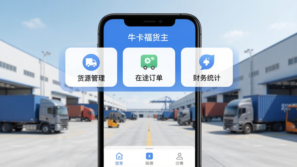 手机屏幕上显示“牛卡福货主”APP主界面,蓝色主色调,顶部显示货源管理、在途订单、财务统计三大板块,界面扁平化设计,图标圆润清晰,背景为简洁的物流园区场景,画质干净无多余元素