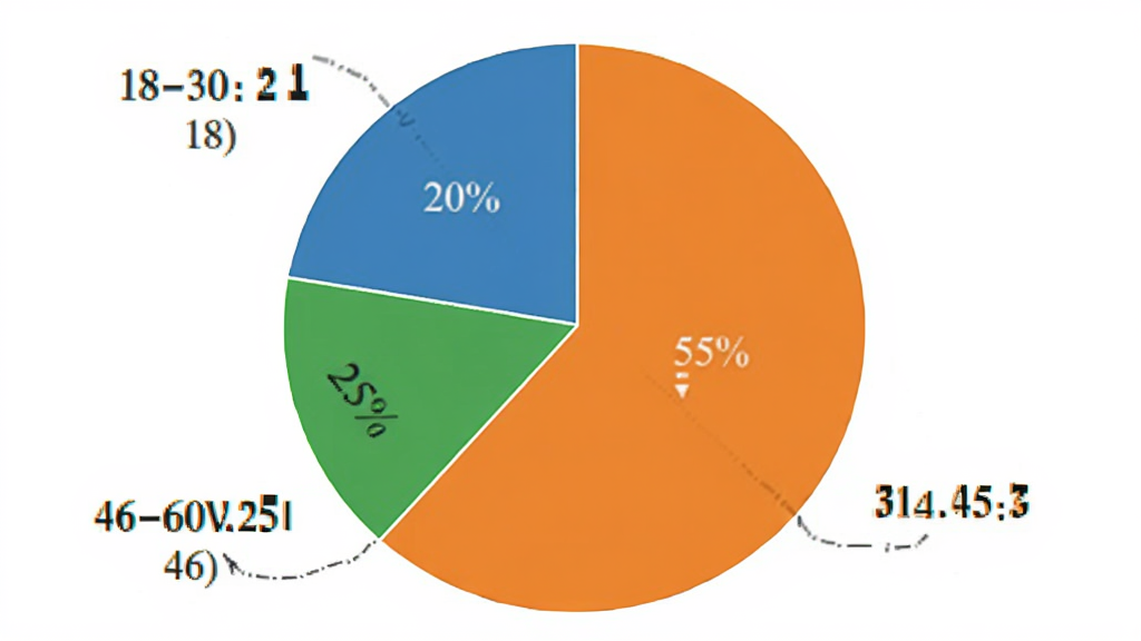 展示用户评价数据统计图,以饼状图形式呈现,18-30岁占20%,31-45岁占55%,46-60岁占25%,颜色分别用蓝色、橙色、绿色,图形清晰,背景白色,画质干净