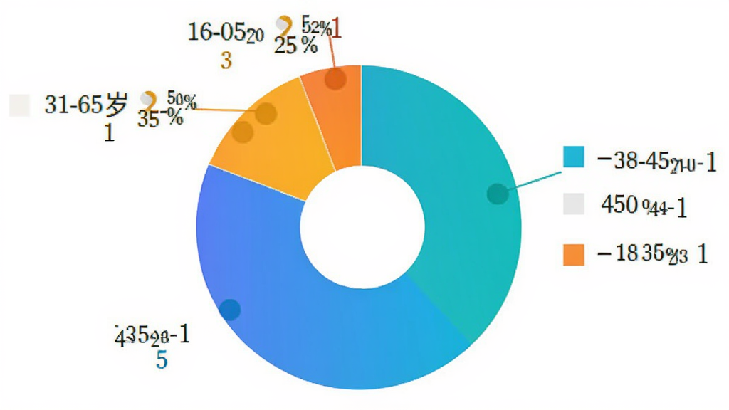 用户评价分布饼状图,显示18-30岁占45%,31-45岁占35%,46-60岁占20%,色彩鲜艳,标签清晰,背景干净,适用于应用市场评价展示。