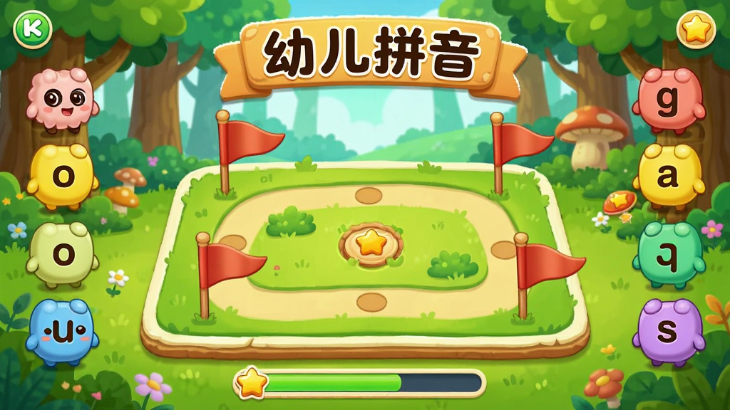 画面主体是一个卡通拼音闯关地图,地图上标有“幼儿拼音”字样和关卡小旗帜,两侧排列着可爱的声母和韵母字母角色,背景是色彩明快的森林场景,布局清晰主次分明,风格Q版游戏界面设计,细节包括小星星奖励弹窗和进度条,画质高清干净无多余元素。