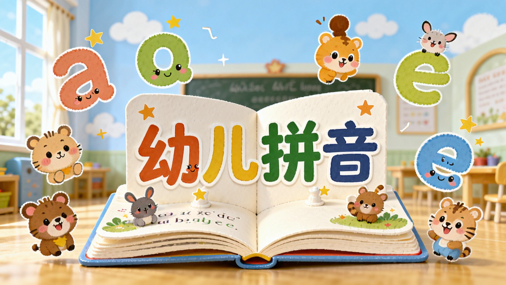 画面主体是一本打开的立体拼音绘本,封面写着“幼儿拼音”四个大字,周围漂浮着彩色拼音字母a o e和可爱的小动物卡通形象,背景是蓝天白云下的幼儿园教室,整体布局以绘本为中心向四周发散,排版活泼充满童趣,风格清新手绘卡通,细节包括字母上的笑脸和星星装饰,画质高清干净无多余元素。