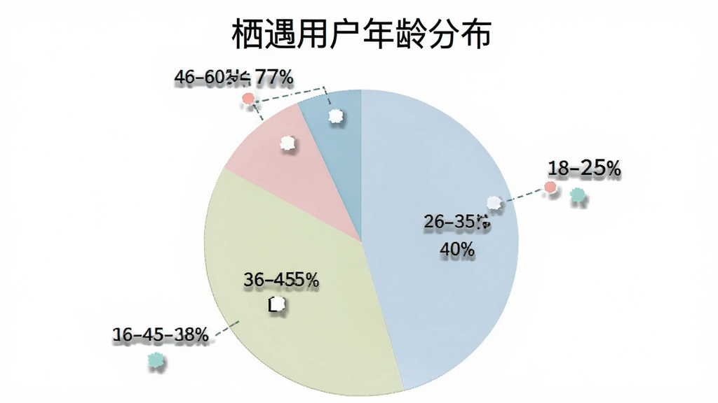 一张饼状图,标题为“栖遇用户年龄分布”,图中显示18-25岁占35%,26-35岁占40%,36-45岁占18%,46-60岁占7%,数据清晰,颜色柔和,背景白色,无多余元素。
