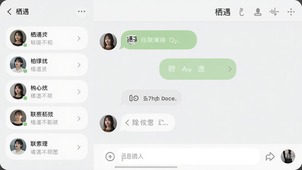 展示“栖遇”APP的消息聊天界面,背景为纯色浅灰,对话框采用圆角设计,左侧是联系人列表,右侧是聊天窗口,聊天背景干净无广告横幅,底部输入框简洁,整体风格清爽,无多余元素,主体为聊天界面,布局规范,画质干净,风格简洁现代。