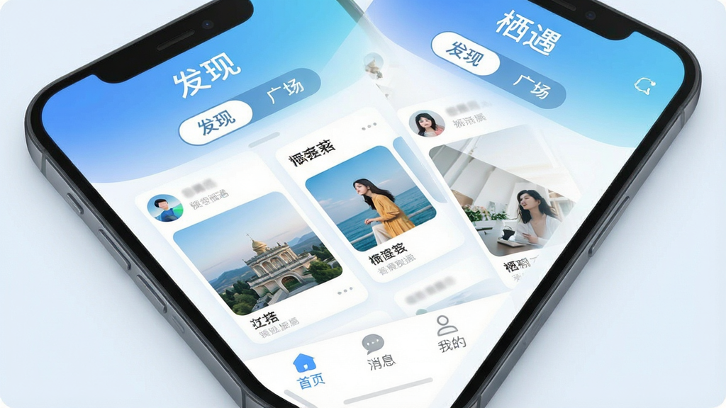 一张手机屏幕特写,屏幕上显示“栖遇”APP的主界面,界面风格简约清新,以蓝白渐变为主色调,顶部有“发现”和“广场”两个标签,中间是几张用户动态卡片,底部导航栏有“首页”、“消息”、“我的”三个图标,整体布局清晰,画质干净,无多余元素,主体突出,风格现代扁平,细节圆润,光线柔和,画质干净无多余元素。