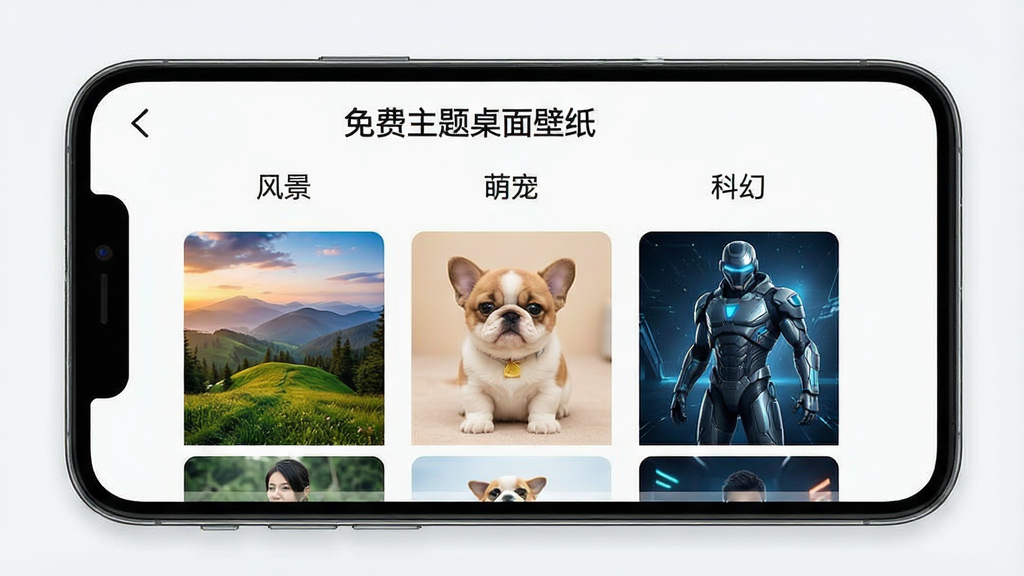 手机屏幕展示“免费主题桌面壁纸”的壁纸分类界面,屏幕内呈现“风景”、“萌宠”、“科幻”等分类标签,每个分类下方有代表性的高清缩略图,画面布局整洁,风格清新明亮,细节丰富,画质干净无多余元素