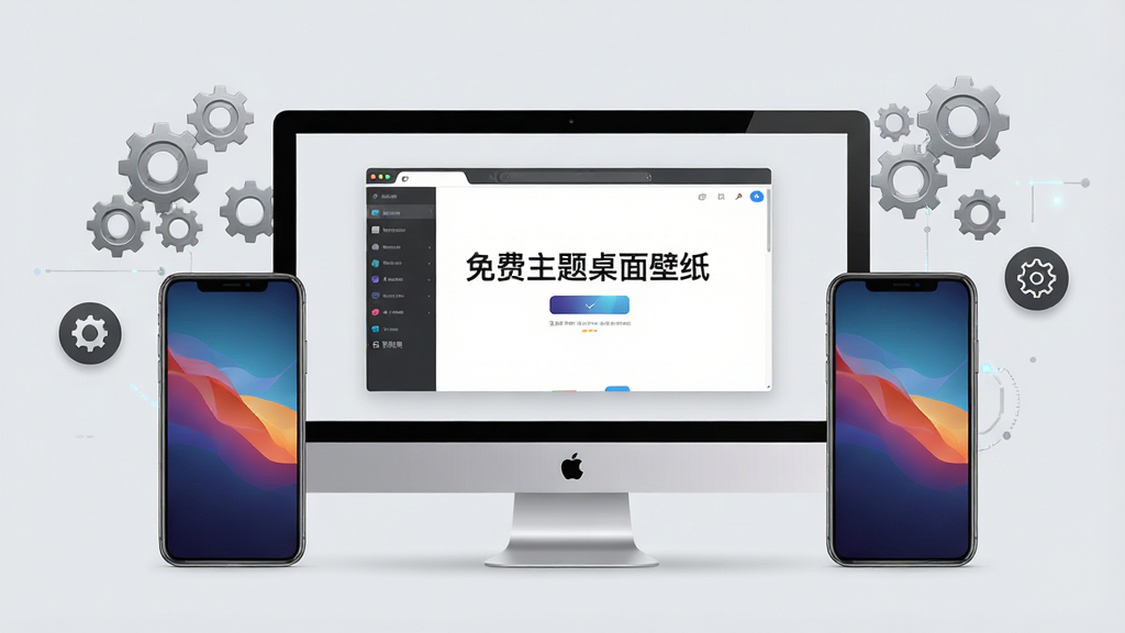 一组手机和电脑并排展示,电脑屏幕上是“免费主题桌面壁纸”的模拟器界面,手机屏幕上是动态壁纸效果,周围有齿轮和设置图标元素,整体风格科技感,背景浅灰,细节清晰,画质干净无多余元素