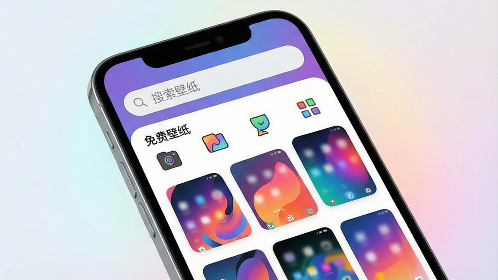 一张手机屏幕特写,屏幕内展示“免费主题桌面壁纸”App的界面,界面布局清晰,顶部搜索栏写着“搜索壁纸”,下方分类图标排列整齐,背景是多彩渐变抽象壁纸缩略图,画面主体是手机,手机周围有柔和光效,风格现代扁平,细节丰富,画质干净无多余元素