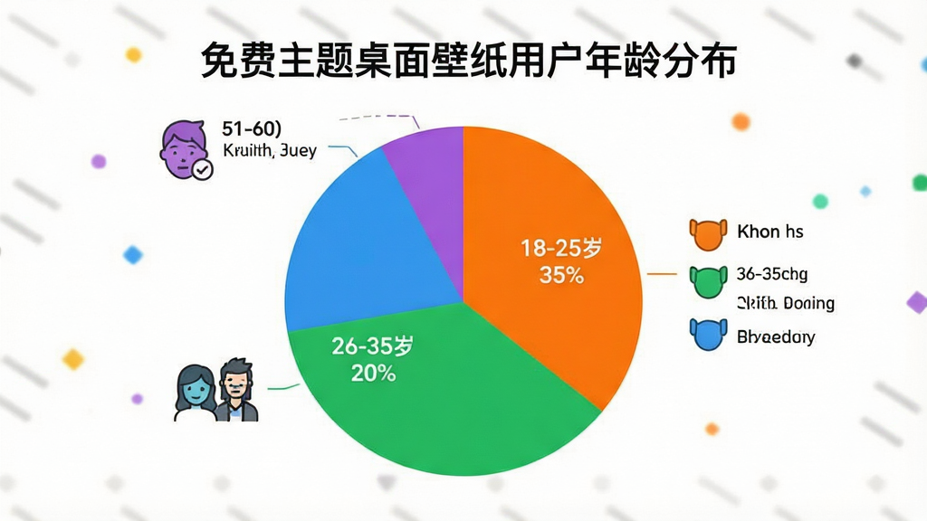 一个饼状图,标题为“免费主题桌面壁纸用户年龄分布”,饼图分为四段:18-25岁占35%,26-35岁占40%,36-50岁占20%,51-60岁及以下占5%,颜色分别为鲜艳的橙色、绿色、蓝色和紫色,饼图旁边配有小图标代表不同年龄段人群,风格现代简洁,画质干净无多余元素