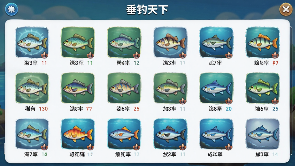 一幅“垂钓天下”游戏截图,展示钓鱼图鉴界面,排列着各种鱼类图标,包括淡水鱼和咸水鱼,每种鱼下方标注名称和稀有度。界面设计清爽,图标细腻,色彩鲜艳,布局整齐,画质干净,无多余元素。