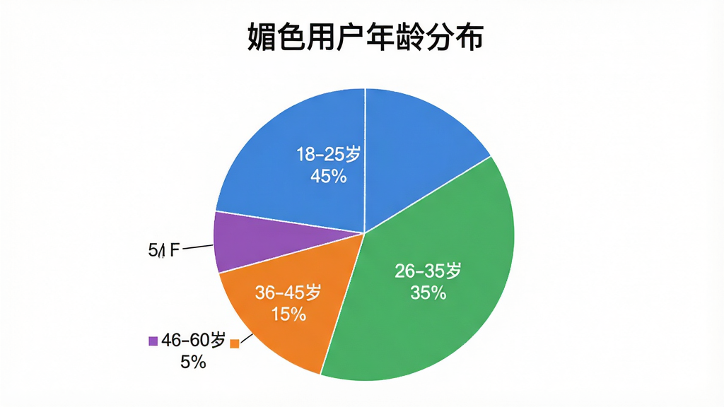 一张饼状图,标题为“媚色用户年龄分布”,饼图分为四部分,18-25岁占45%,26-35岁占35%,36-45岁占15%,46-60岁占5%,颜色分别采用蓝色、绿色、橙色和紫色,风格现代简约,数据清晰,背景干净。