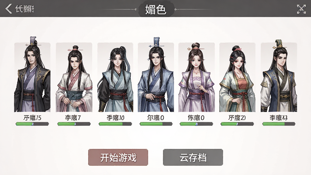 一张“媚色”应用的游戏内截图,画面中央是角色选择界面,多位古风角色立绘整齐排列,角色下方显示好感度数值,界面下方是“开始游戏”和“云存档”按钮,整体风格简洁大方,画质清晰,干净无多余元素。