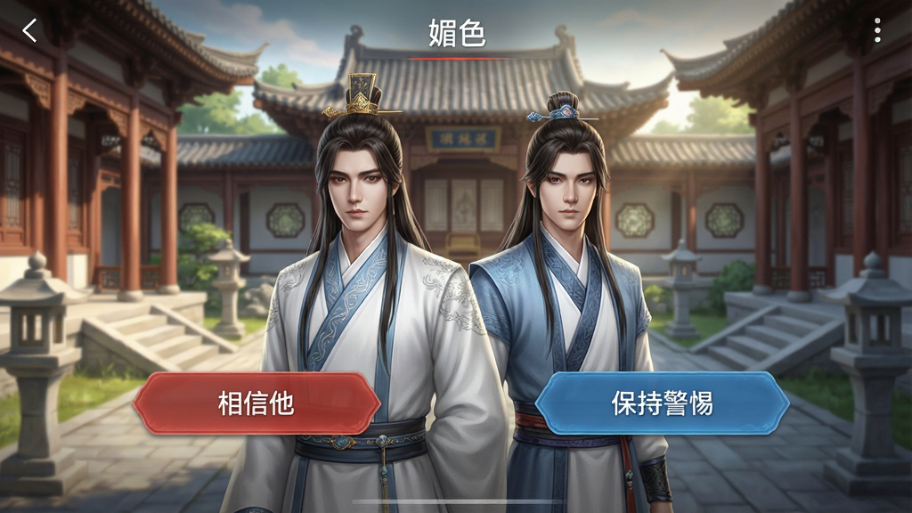 一张手机截图,展示“媚色”应用内的动态剧情分支选择界面,画面中央是两位古风角色,左侧是“相信他”的红色按钮,右侧是“保持警惕”的蓝色按钮,背景是精美的古风庭院,界面风格偏向唯美写实,光影效果细腻,画质干净清晰。