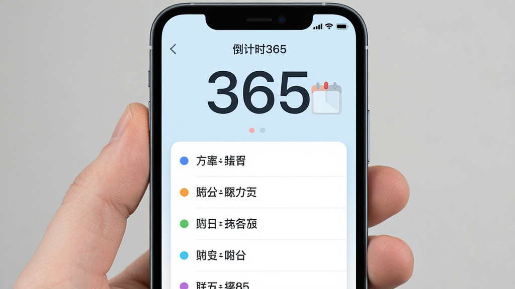 一张展示智能手机屏幕的图片,屏幕正面显示“倒计时365”App主界面,界面以白色和淡蓝色为主色调,顶部显示大号数字“365”,中间是简洁的日期列表,每个条目带有彩色小圆点标记,整体风格扁平化、现代感,画质干净无多余元素。